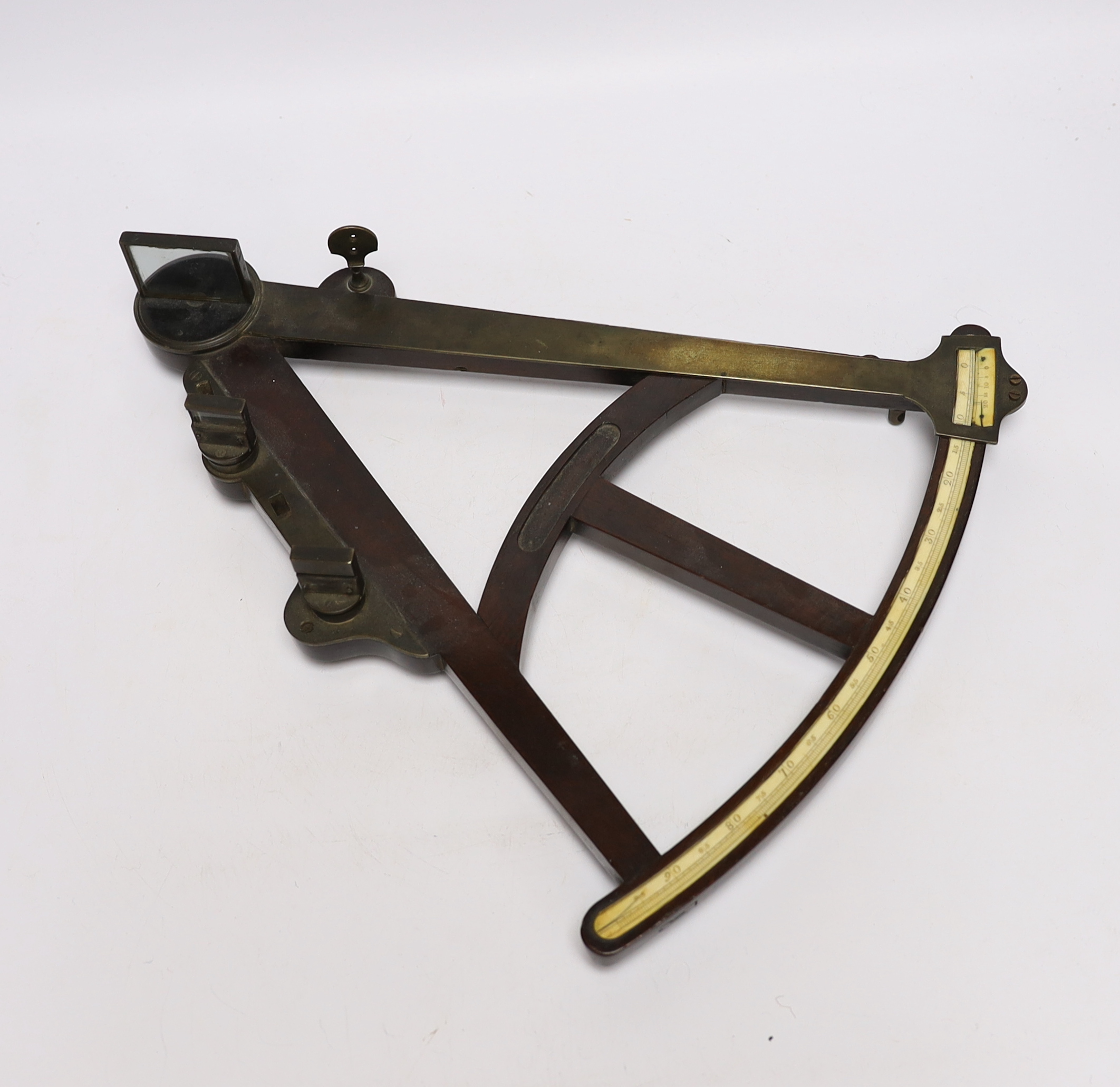 A Georgian mahogany brass mounted octant with ivory inlay, 40cm wide (CITES Submission reference 183KT4NW)